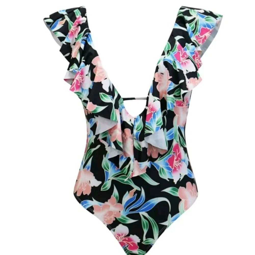 New Floral Print Plunge Front One Piece Swimsuit